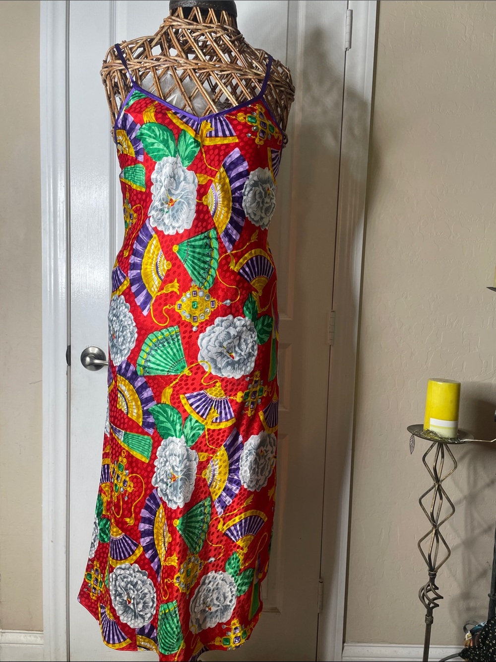 Adrienne Vittadini Red Floral & Multicolor Fan Slip Dress